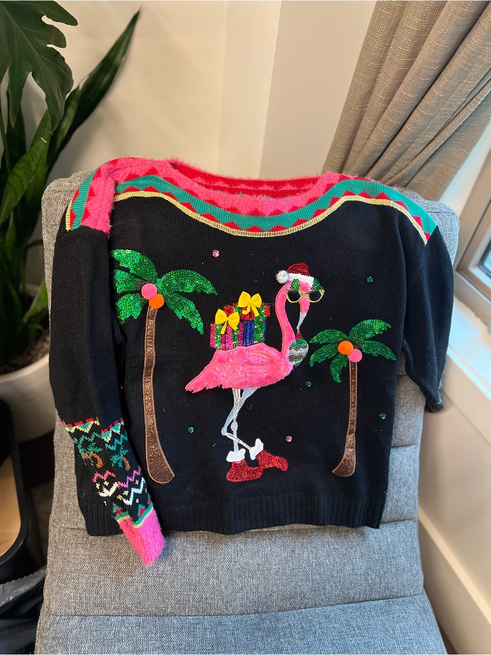 Womens Black Holiday Flamingo Sweater with Pink Accents